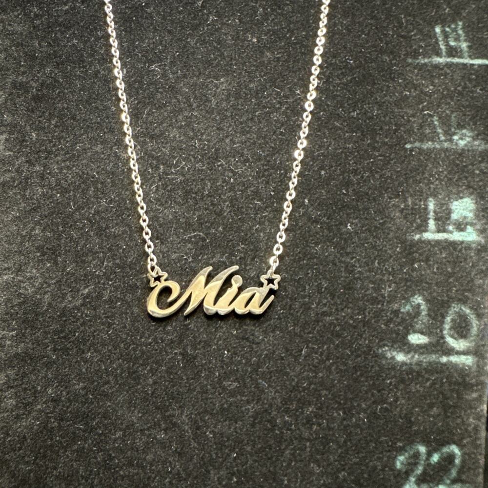Mia Name Necklace Silver Tone Script Pendant Star Accent Personalized Jewelry